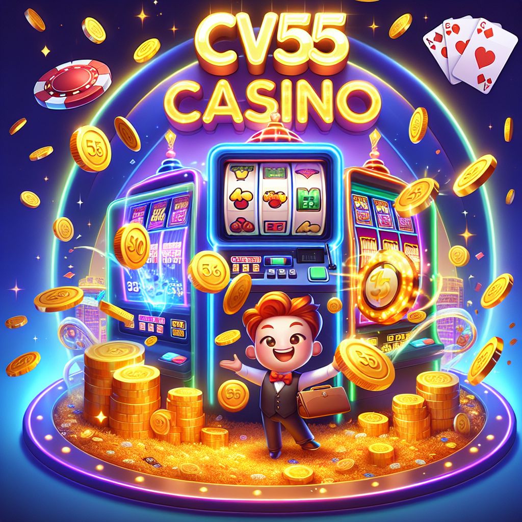 cv55 casino themed cartoon characters with chips, cards, and coins