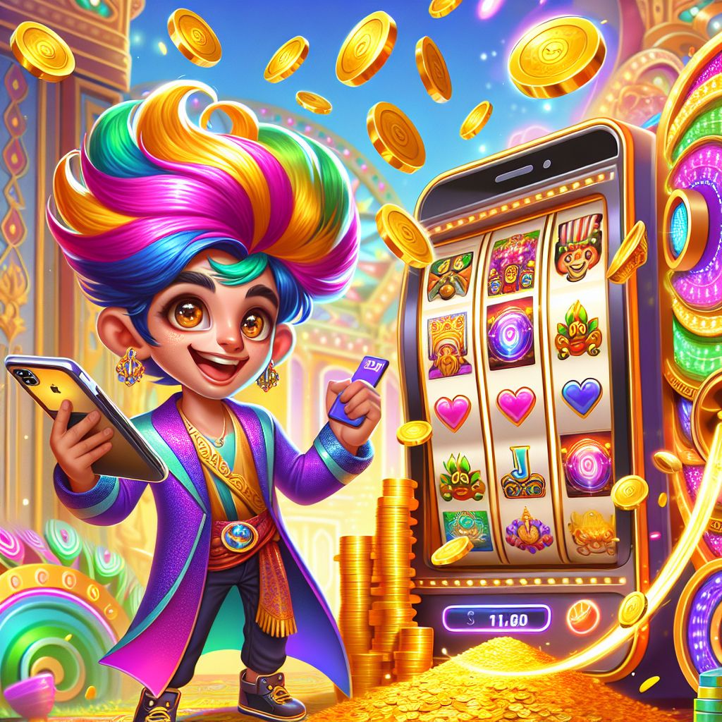 cv55 themed cartoon slot characters with coins and mobile gaming elements